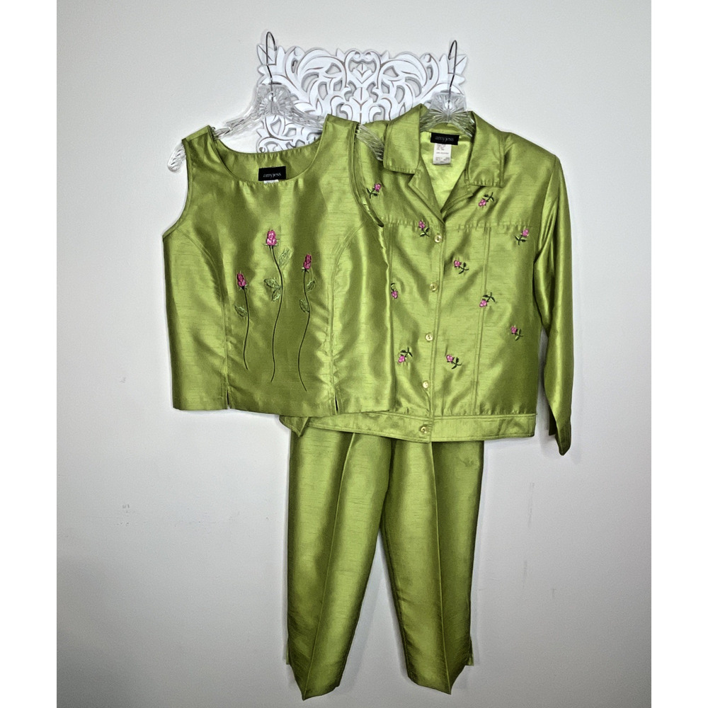 AMY JESS Women's Small 3-Piece JACKET TOP PANT Set Chartreuse GREEN Made in USA - Picture 2 of 16